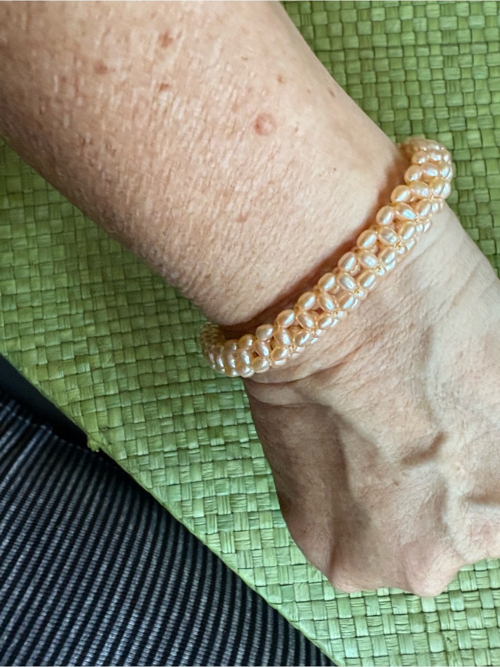 Handwoven Fresh Water Pearl Bracelet in a pale apricot